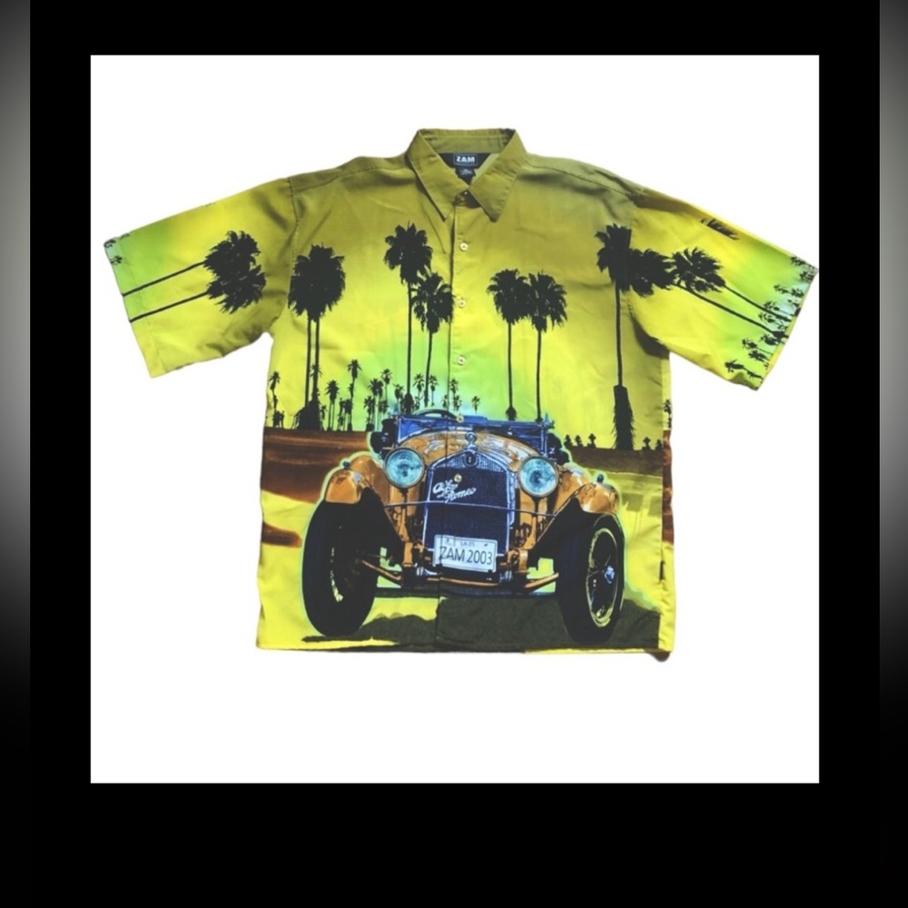 ZAM Collection car and palm trees button up graphic shirt yellow size 2XL